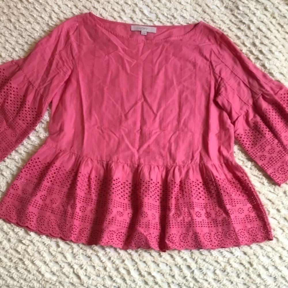 Loft eyelet‎ peplum cotton flare sleeve top size xs s50